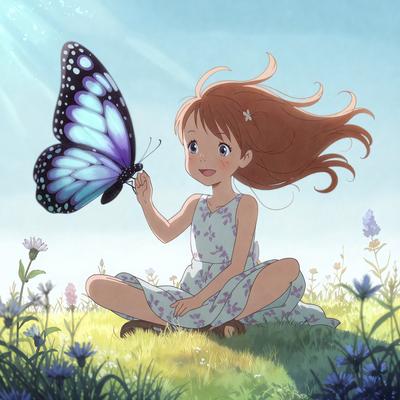 The primary subject of the image is a young girl sitting in a field, holding a butterfly. The setting is a lush green field with flowers, creating a serene and peaceful atmosphere. The visual style is an illustration, with the girl and butterfly depicted in a detailed and artistic manner. The colors are predominantly green and purple, reflecting the natural environment and the girl's attire.
